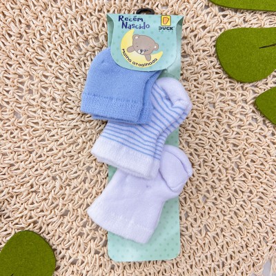 Kit 3 pares de Meia Atoalhada Recem Nascido Azul